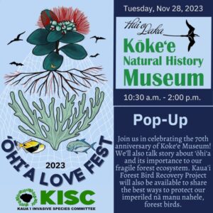 Graphic promoting event celebrating Kokeʻe Museumʻs 70th anniversary on Tuesday, November 28th.