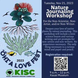 Graphic with text about Nature Journaling Workshop offered on Tuesday, November 21, 2023 at Kaua'i Museum.