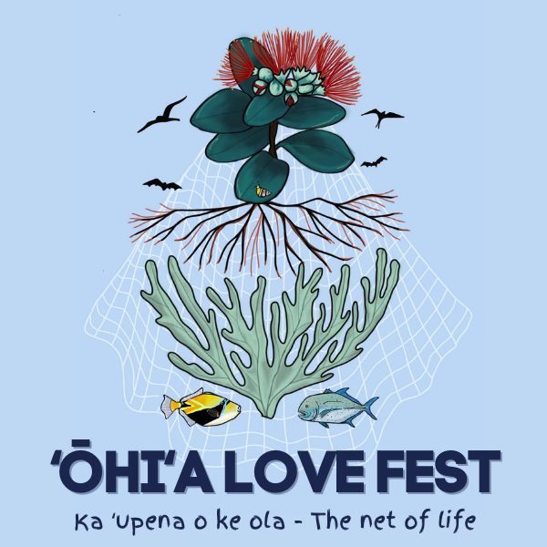 Graphic design of ʻōhiʻa lehua with roots extending to ocean reef to illustrate the inter-connectedness of forest and sea.