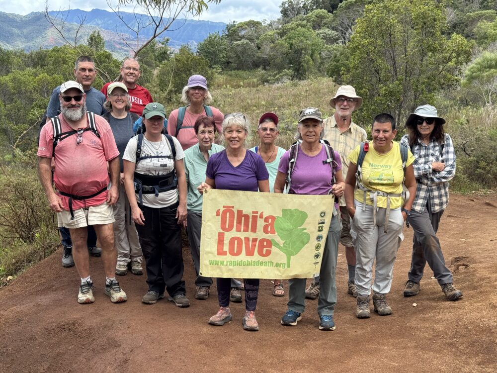 photo of sierra club volunteers holding ʻōhiʻa love banner at iliau trailhead