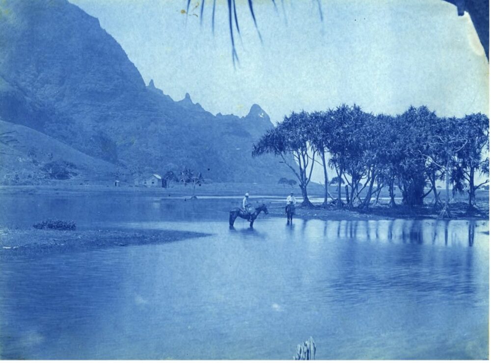 mage: A view toward Hāʻena, with two men on horseback at center and a grove of hala trees at right. The Mahuiki family home is in the distance at center left; Hāʻena, Kauaʻi, Hawaiʻi, 1892. Photo by Alfred Mitchell, Bishop Museum Archives. SP 38726.