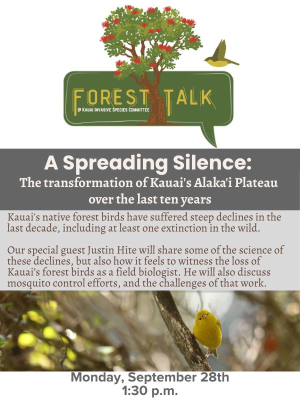 graphic of forest talk about Kaua'i forest birds with text, "a growing silence"